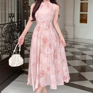 Elegant Pink Floral Dress - Sleeveless A-Line